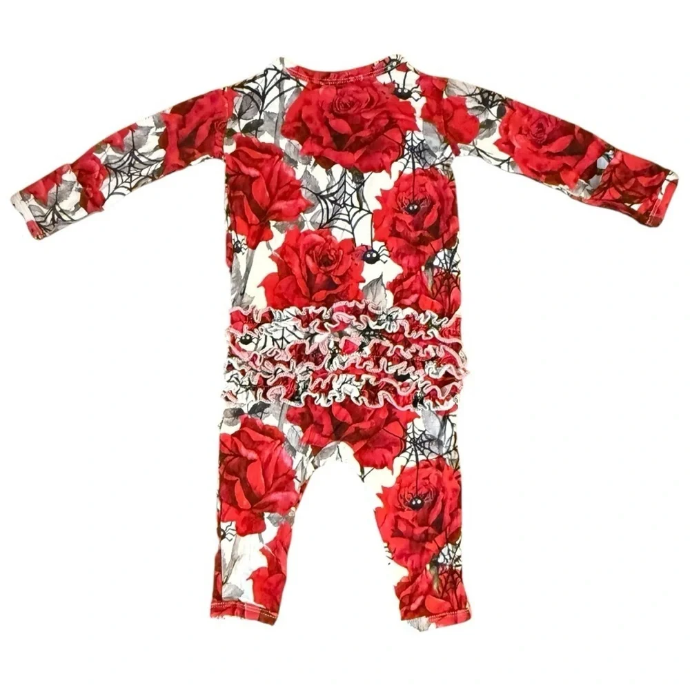 Little Bum Bums Red Rose Spiderweb Bamboo Ruffle Romper 0–3M